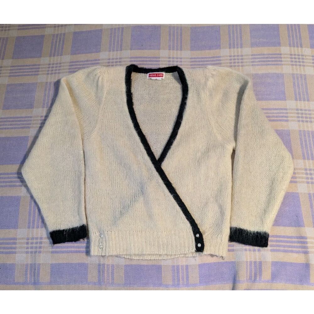 Michael Carrie Mohair Sweater Cream Black Medium Flower Silver Buttons Vintage